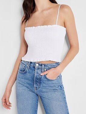 Express White Smocked Square-Neck Crop Top